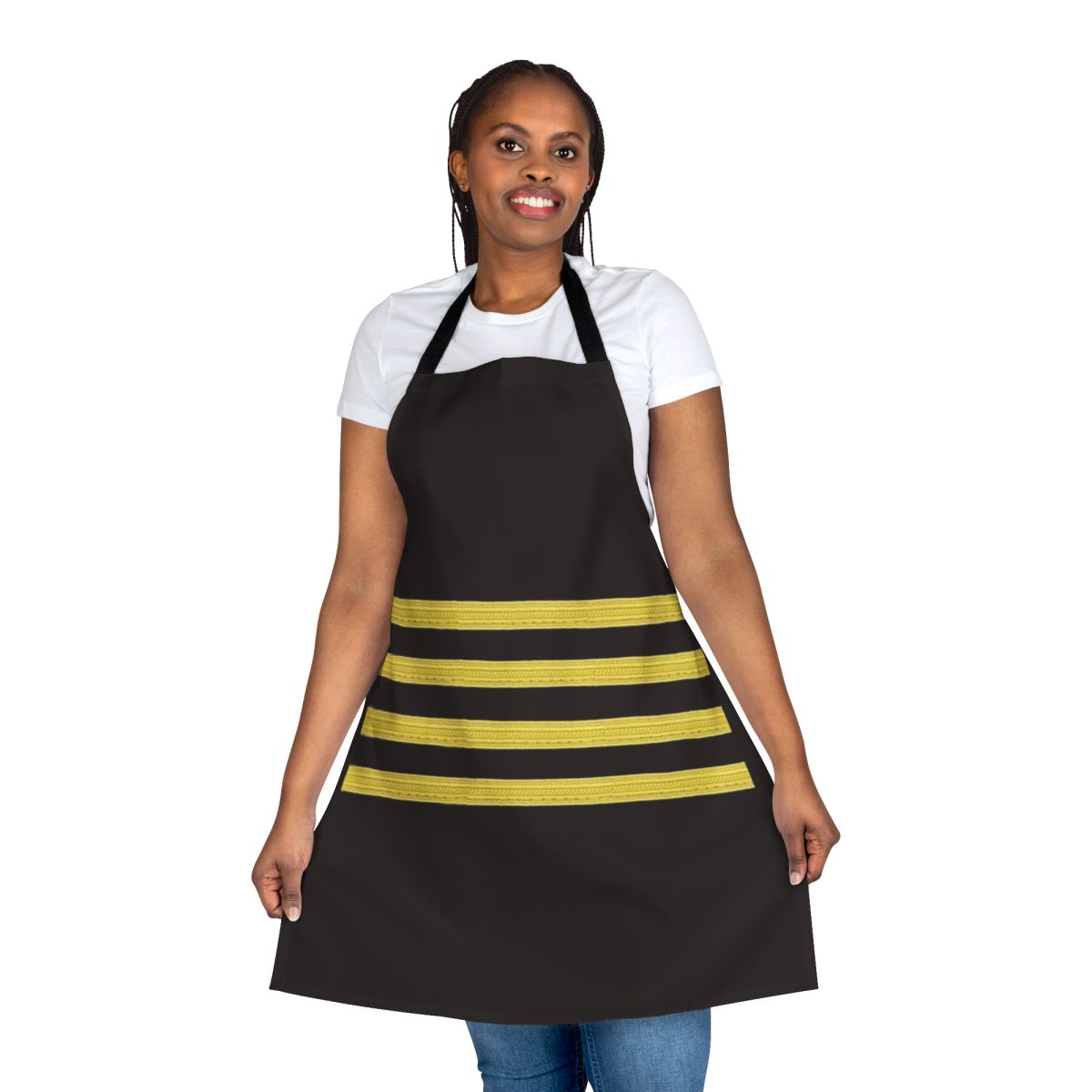Aviation apron with four pilot stripes, perfect for flight crew and aviation enthusiasts
