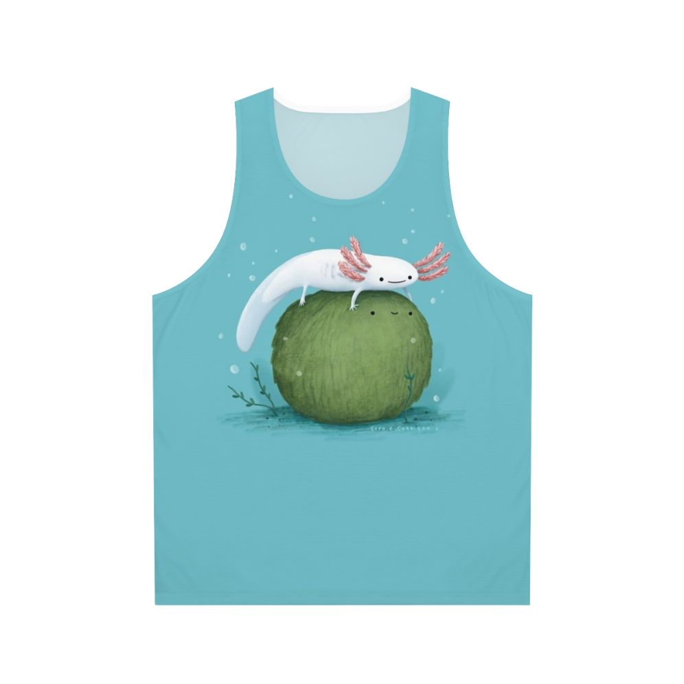 Axolotl sitting on a moss-covered ball