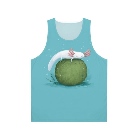 Axolotl sitting on a moss-covered ball