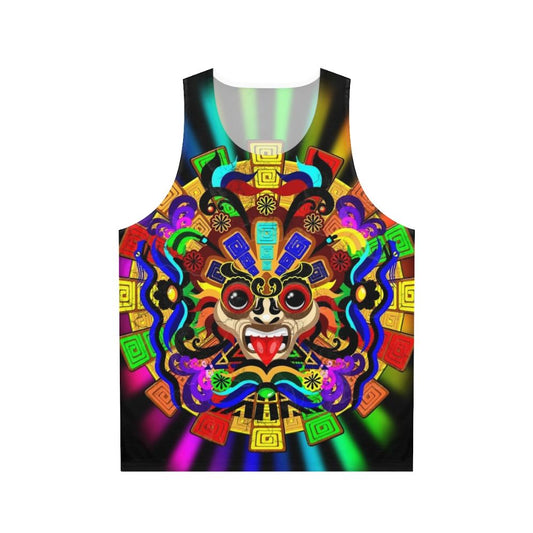 Aztec warrior mask graphic on a vibrant unisex tank top