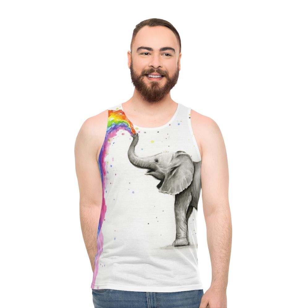 Baby elephant spraying rainbow watercolor design on unisex tank top