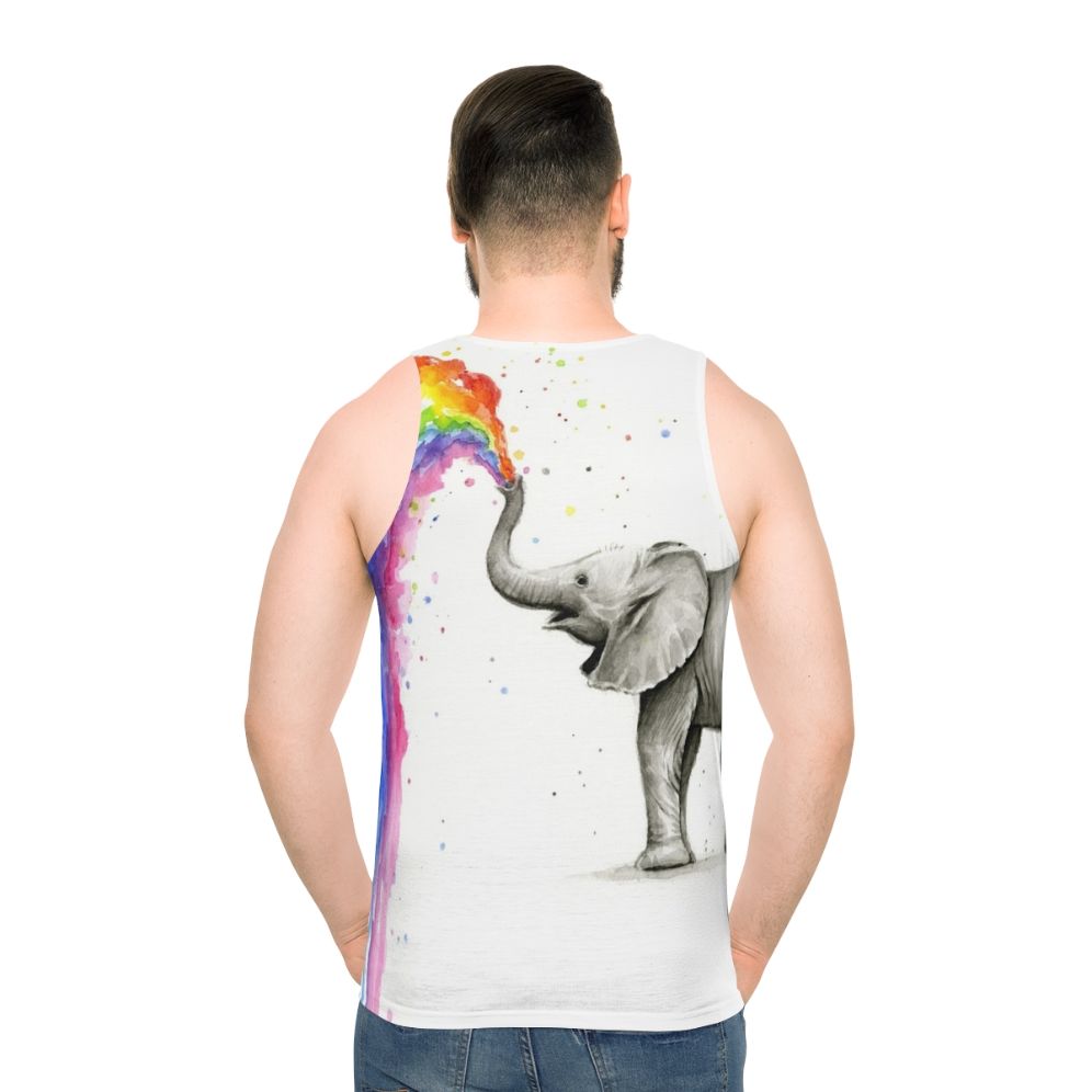 Baby elephant spraying rainbow watercolor design on unisex tank top