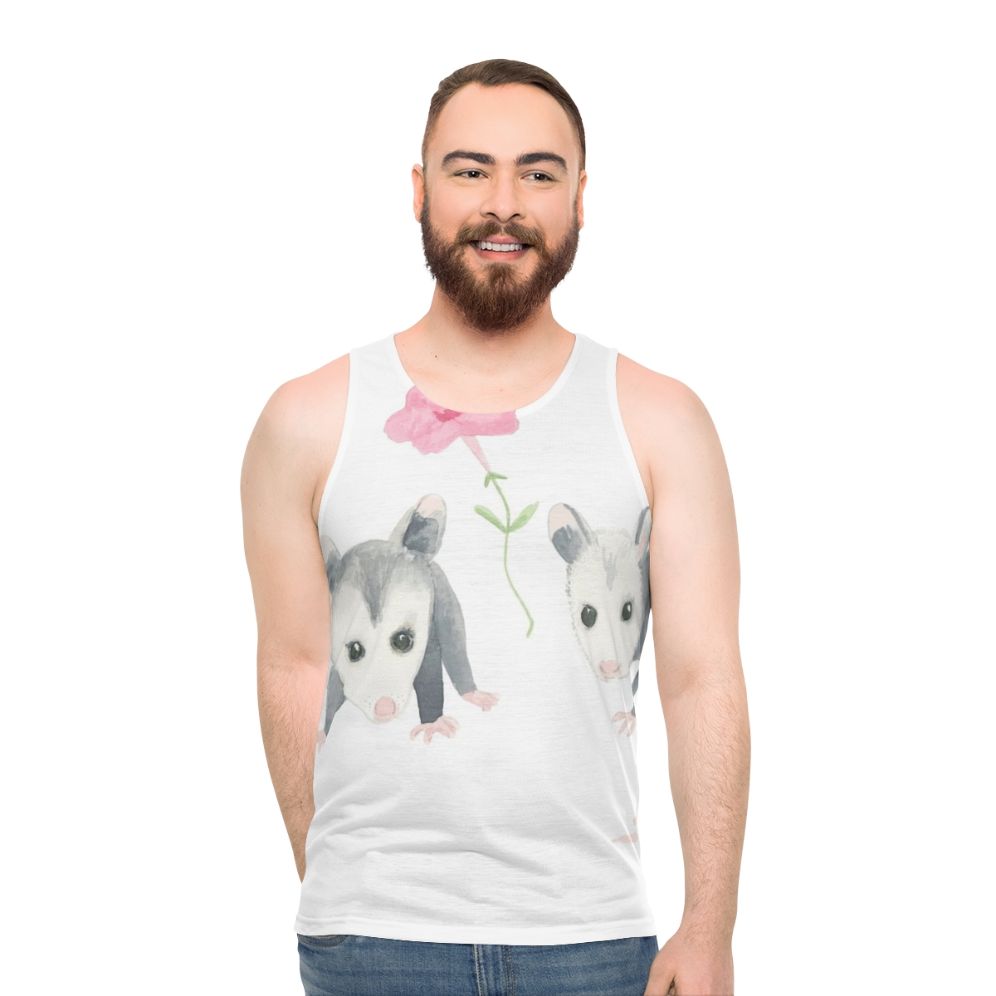 Baby opossum and pink petunia print on a unisex tank top