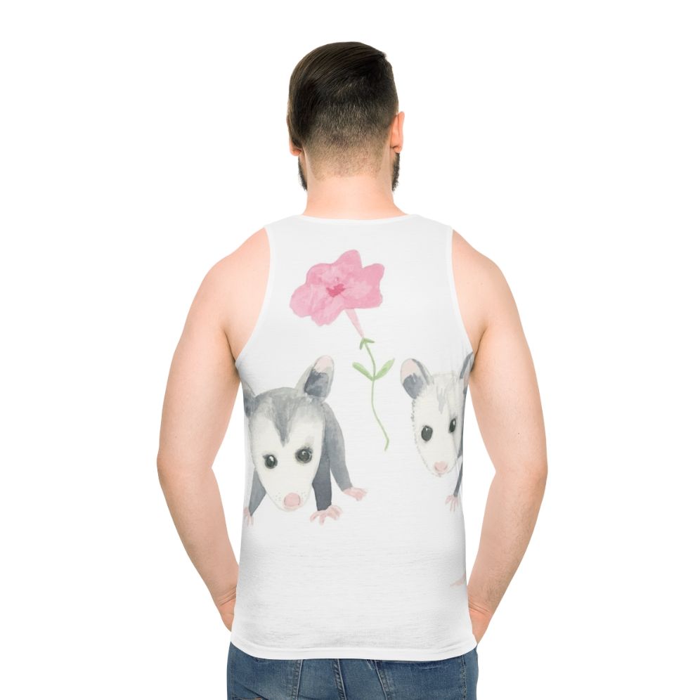 Baby opossum and pink petunia print on a unisex tank top