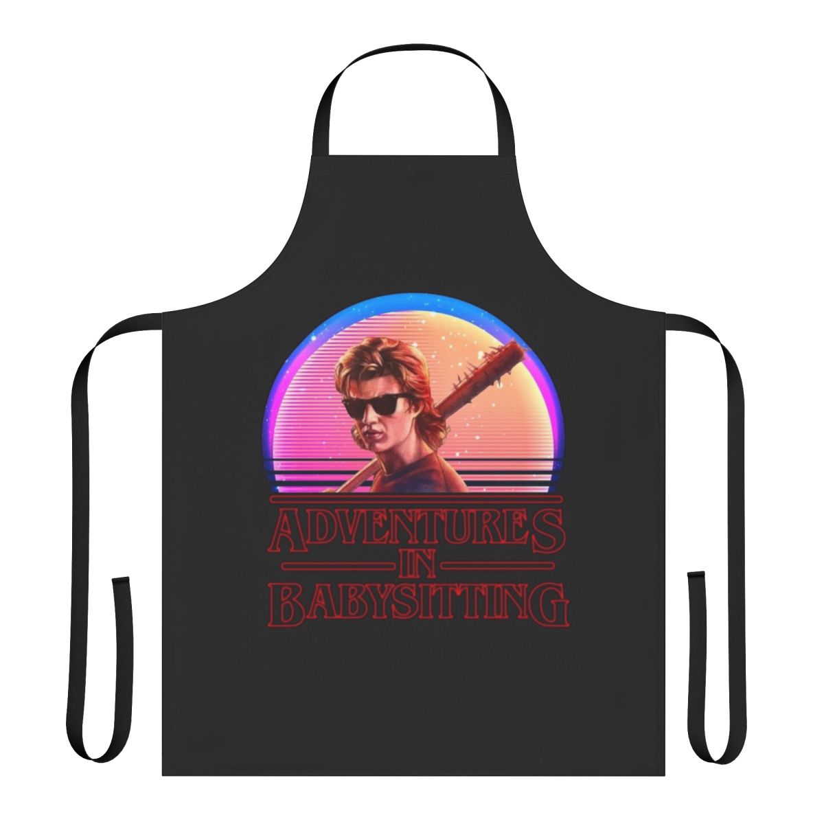 Babysitting humor apron with Stranger Things-inspired design
