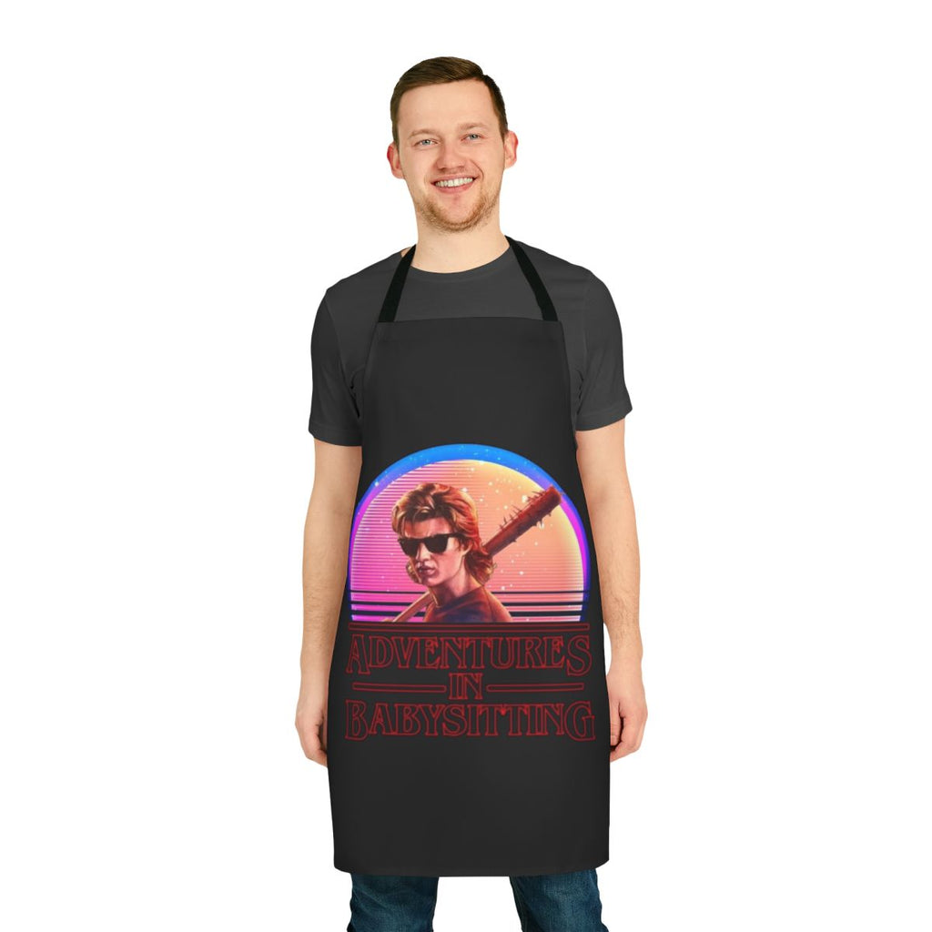 Babysitting humor apron with Stranger Things-inspired design