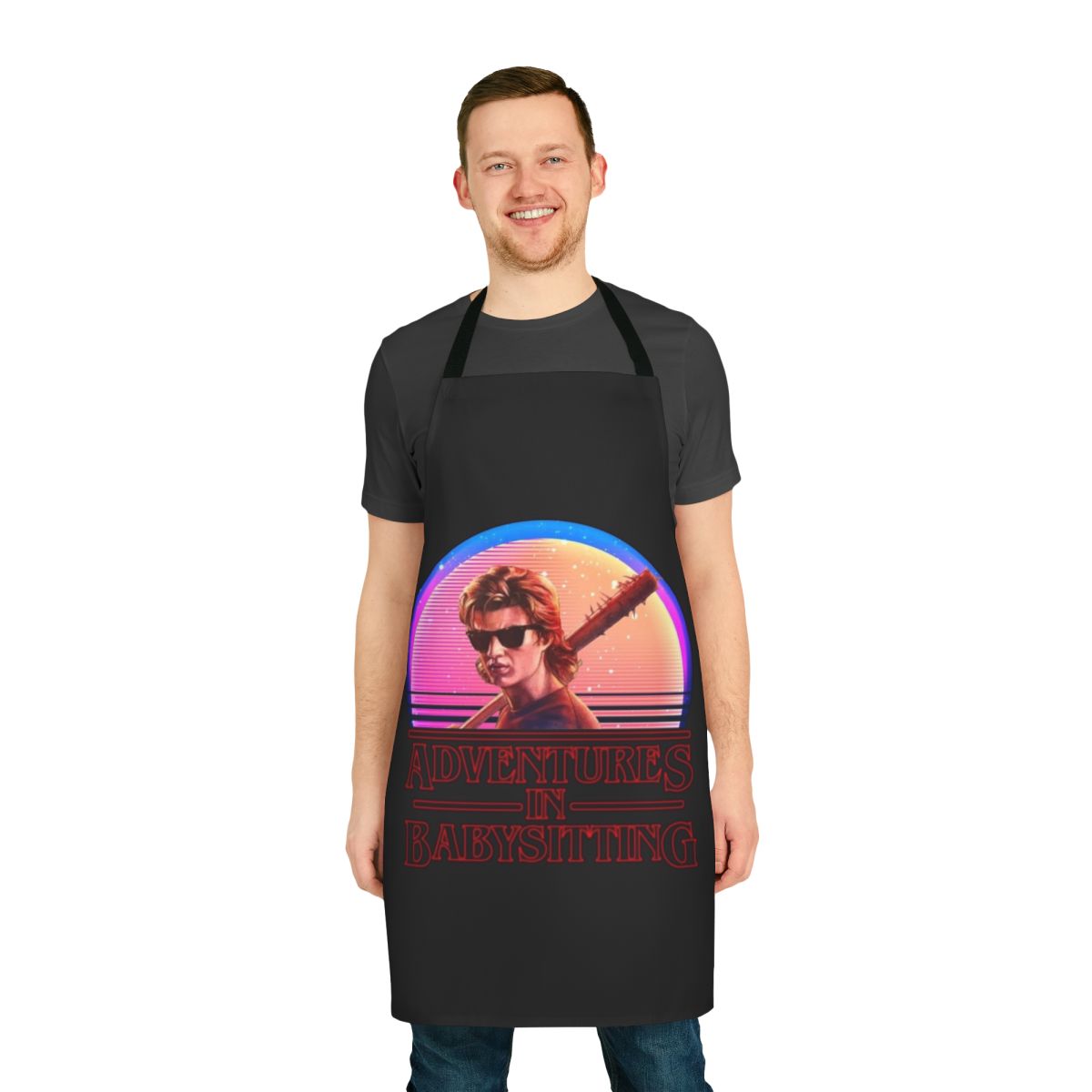 Babysitting humor apron with Stranger Things-inspired design