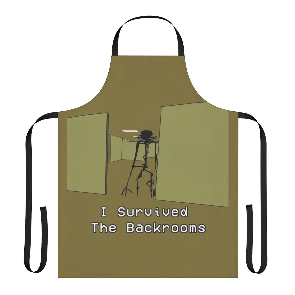 A yellow apron with a creepy, liminal backrooms design - the perfect gift for backrooms fans and horror enthusiasts.