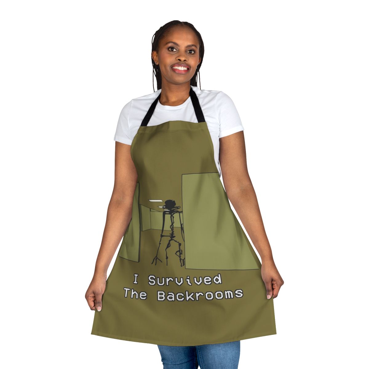 A yellow apron with a creepy, liminal backrooms design - the perfect gift for backrooms fans and horror enthusiasts.