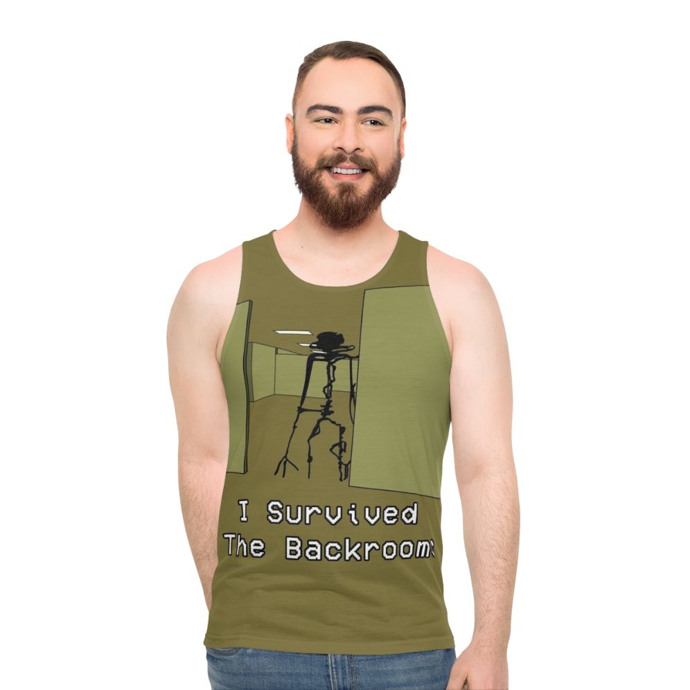 Backrooms inspired unisex tank top featuring creepy liminal space horror design