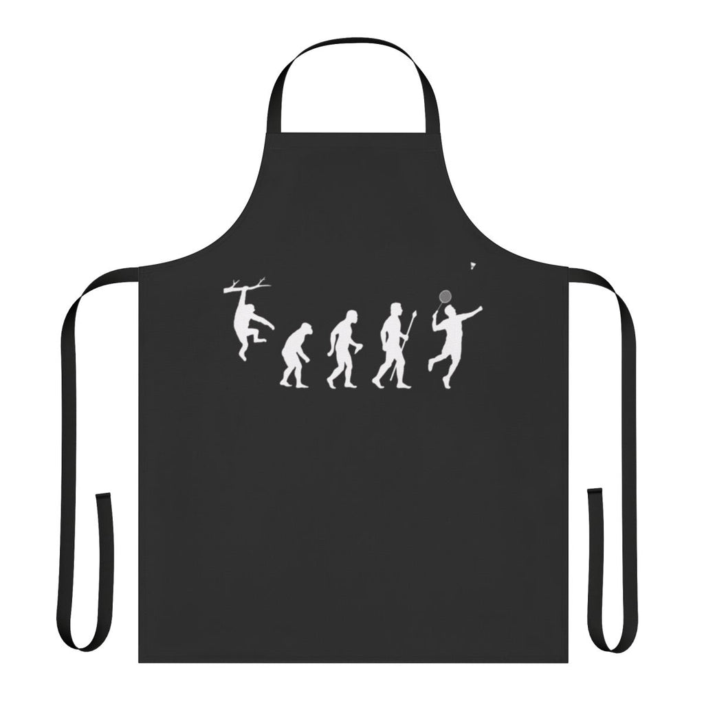 A humorous apron featuring the evolution of a badminton player