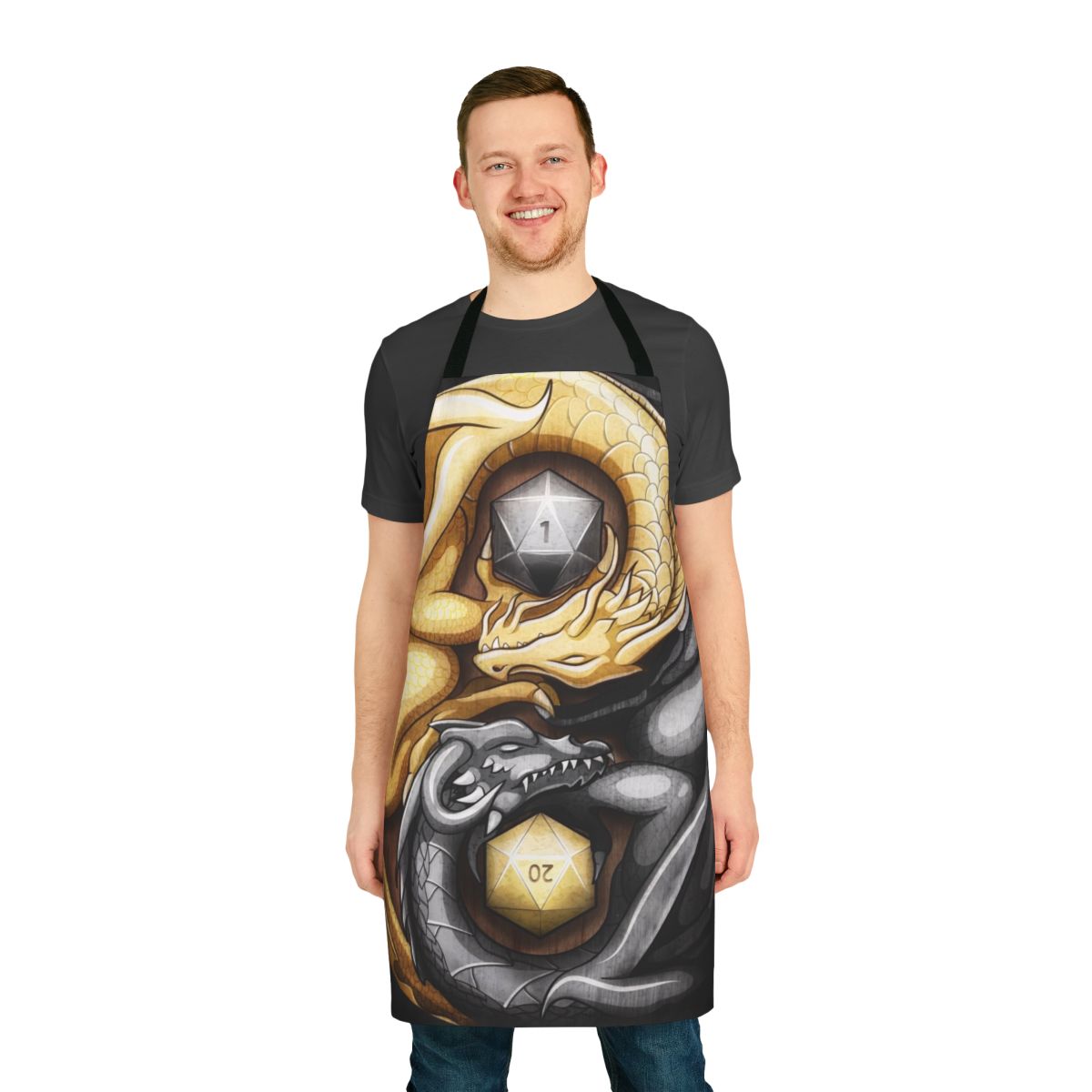 A high-quality apron featuring a balanced yin-yang dragon design, perfect for tabletop roleplaying games.