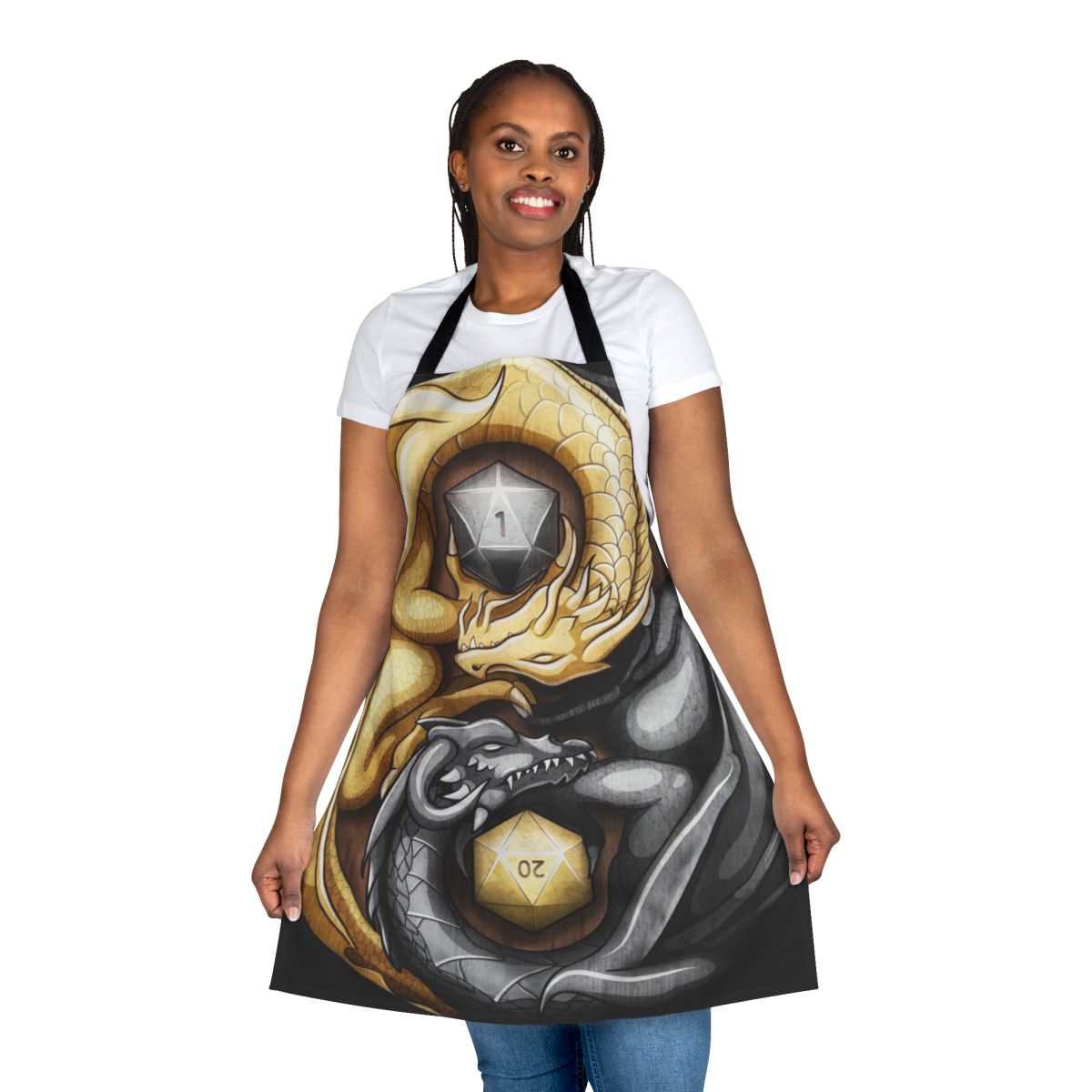 A high-quality apron featuring a balanced yin-yang dragon design, perfect for tabletop roleplaying games.