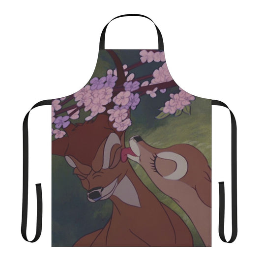 A whimsical apron featuring a Bambi-inspired kiss design and floral motifs, perfect for nature enthusiasts.