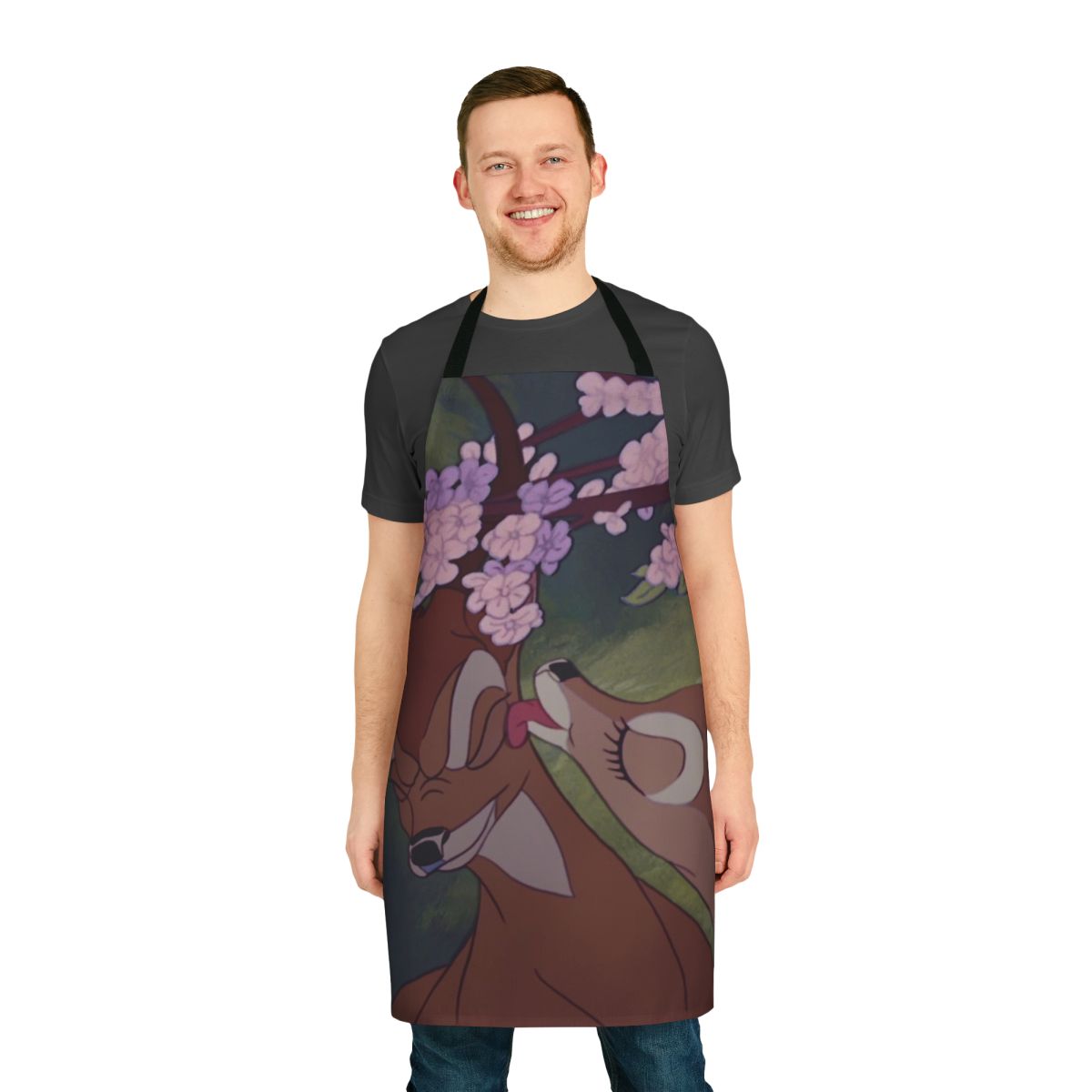 A whimsical apron featuring a Bambi-inspired kiss design and floral motifs, perfect for nature enthusiasts.