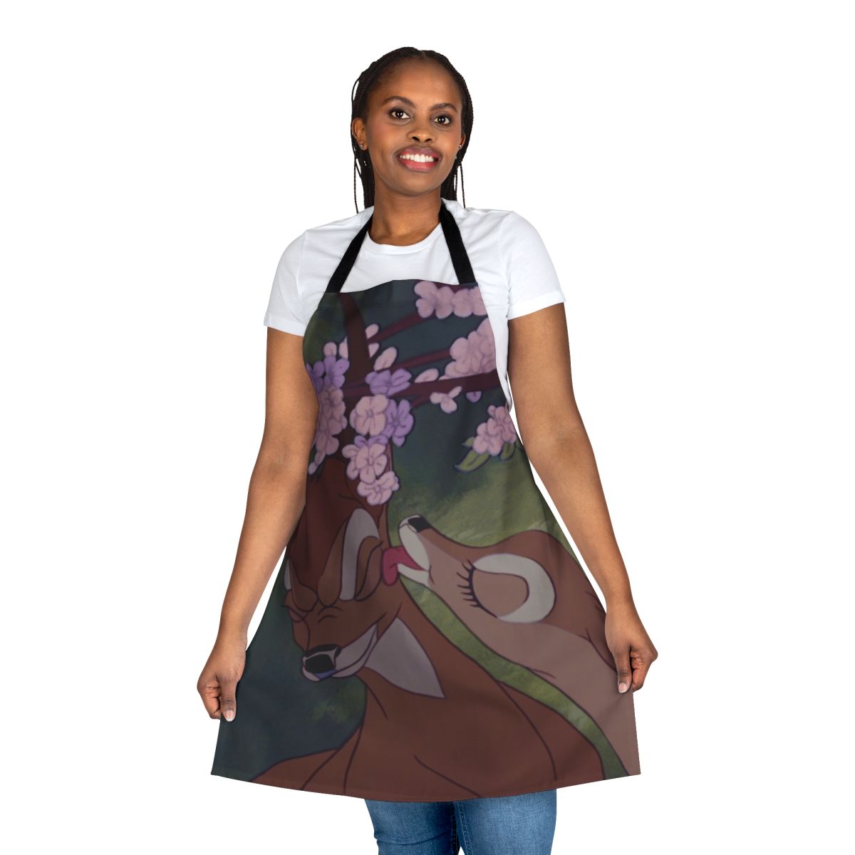 A whimsical apron featuring a Bambi-inspired kiss design and floral motifs, perfect for nature enthusiasts.