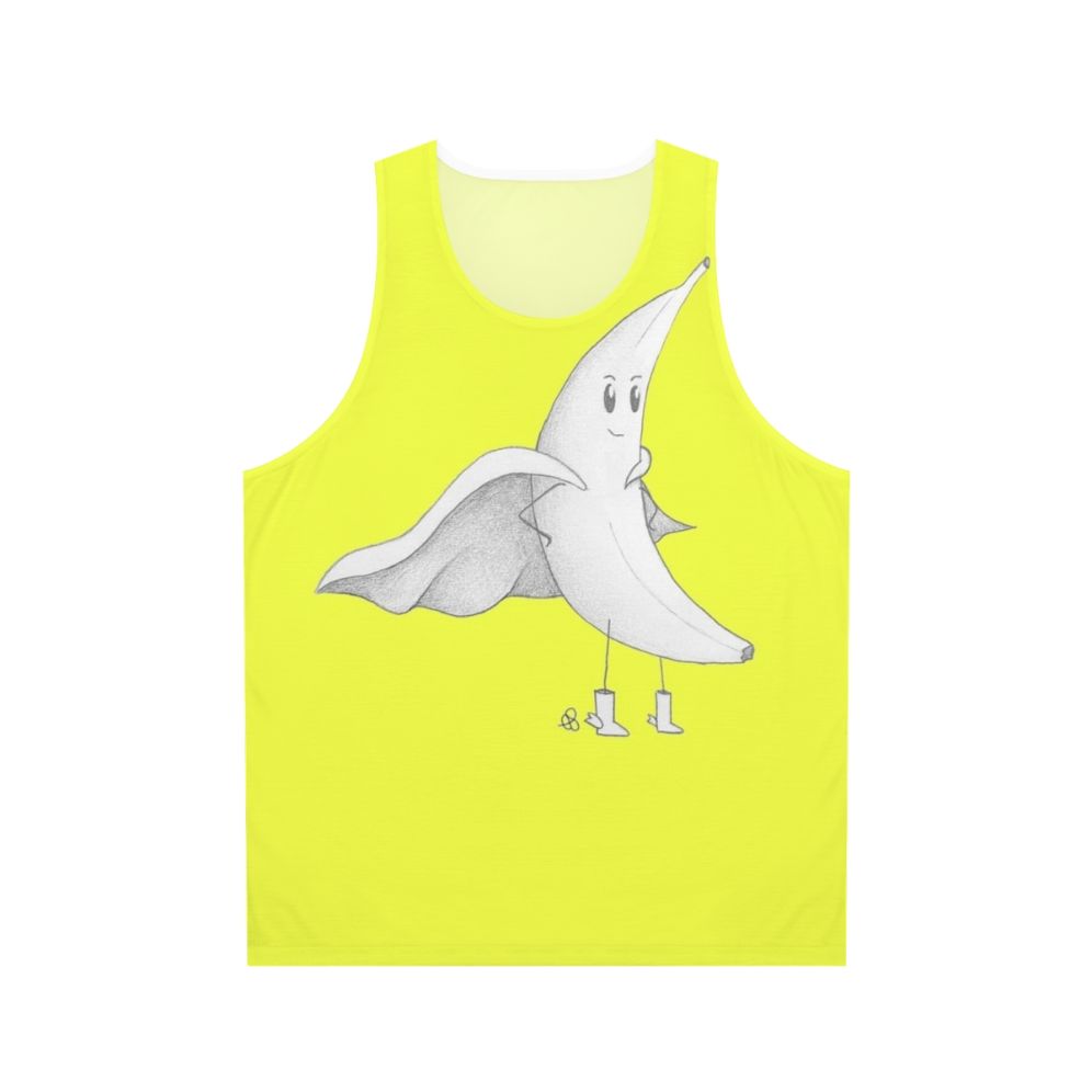 Banana superhero graphic on a unisex tank top