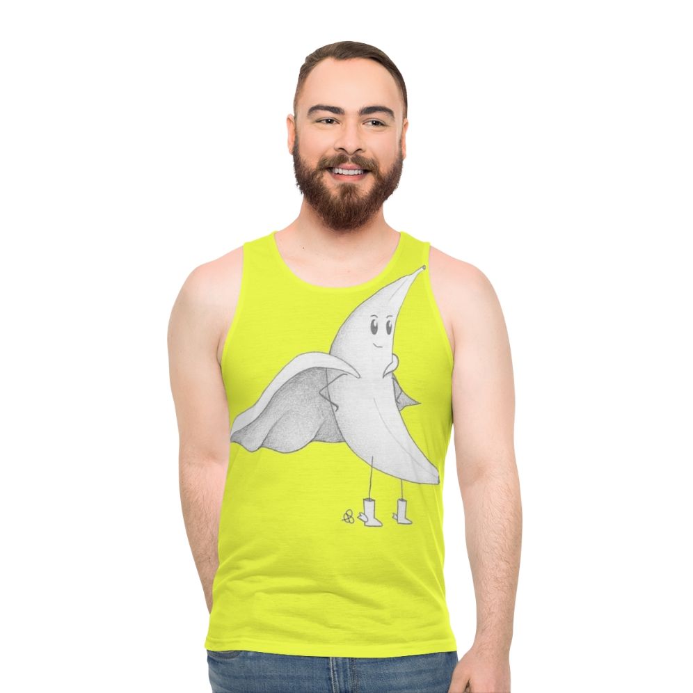 Banana superhero graphic on a unisex tank top