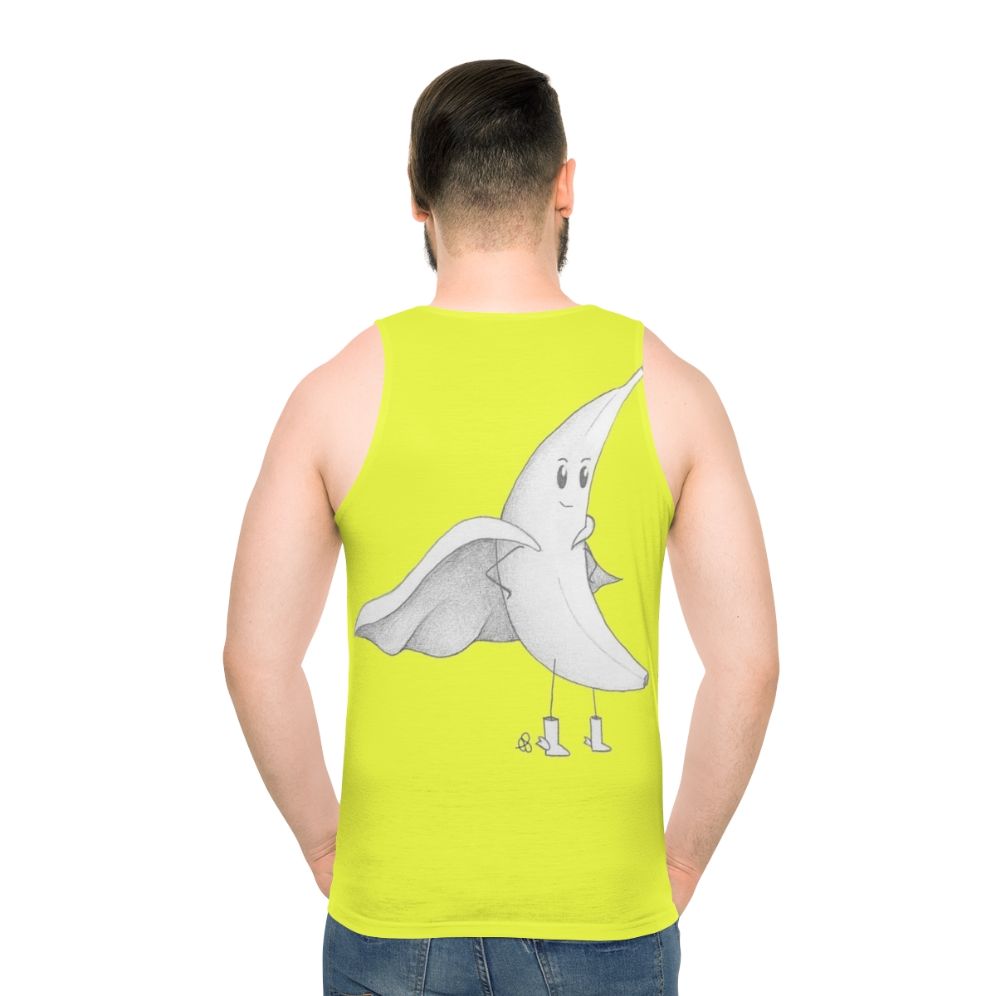 Banana superhero graphic on a unisex tank top