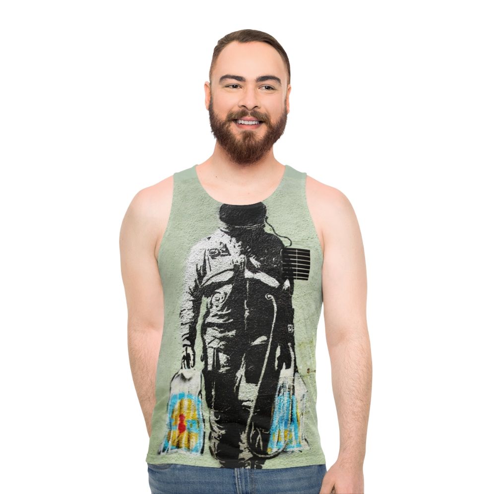 Banksy inspired astronaut with shopping bags unisex tank top
