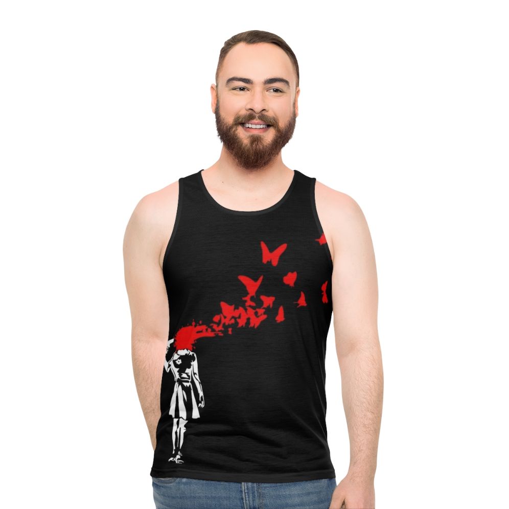 Banksy-inspired butterfly unisex tank top