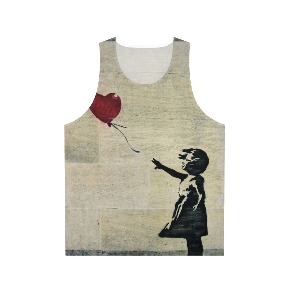 Banksy's iconic "Girl with a Red Balloon" street art design on a unisex tank top