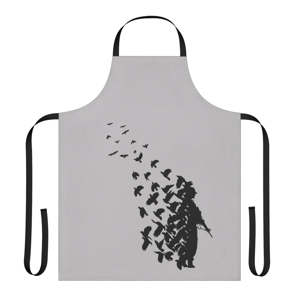 Banksy-inspired apron featuring a colorful bird design