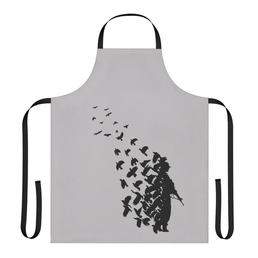 Banksy-inspired apron featuring a colorful bird design