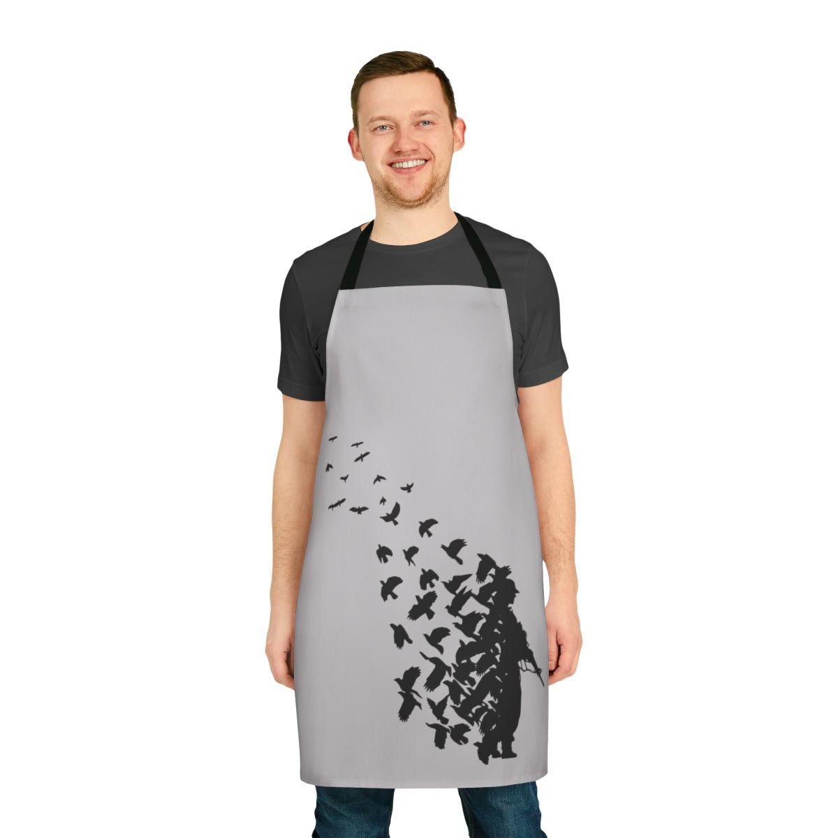 Banksy-inspired apron featuring a colorful bird design