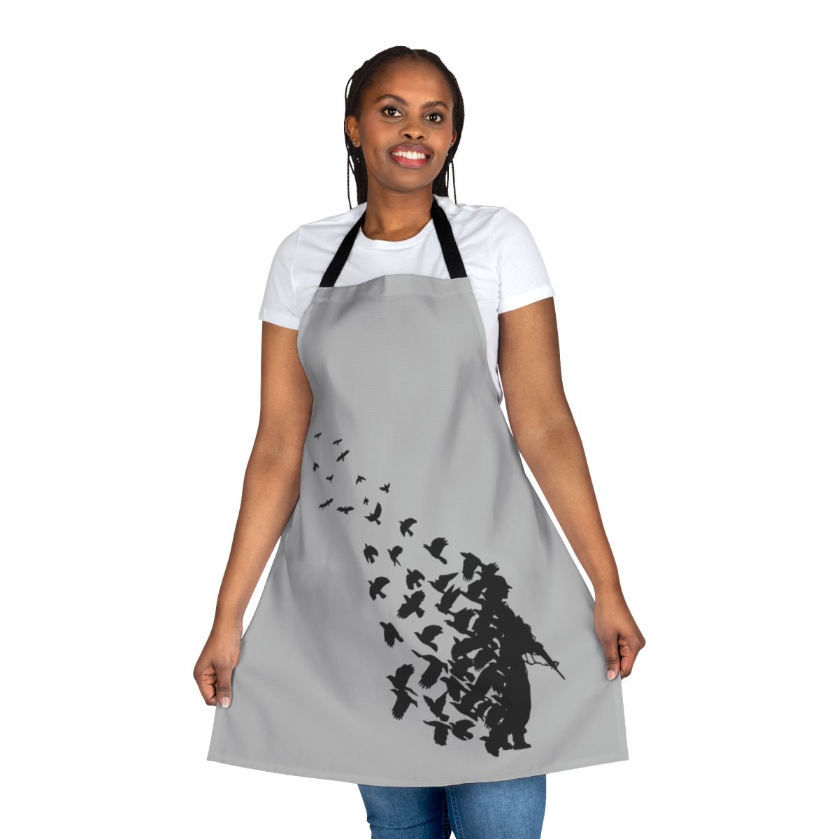 Banksy-inspired apron featuring a colorful bird design