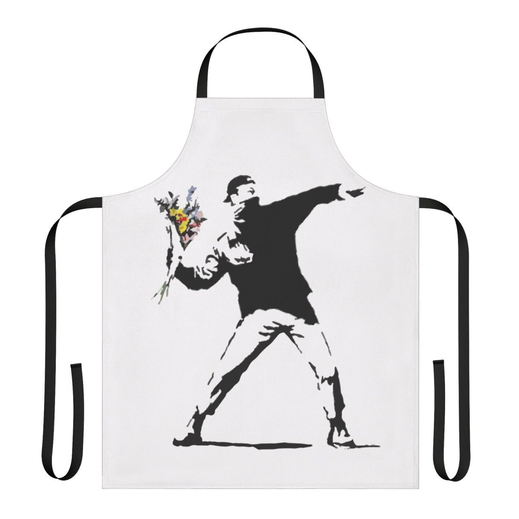 A durable cotton apron featuring a stencil design inspired by the iconic "Flower Thrower" street art by Banksy.