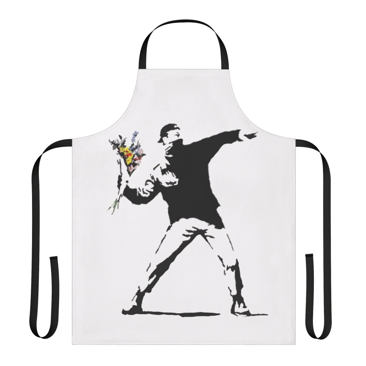 A durable cotton apron featuring a stencil design inspired by the iconic "Flower Thrower" street art by Banksy.