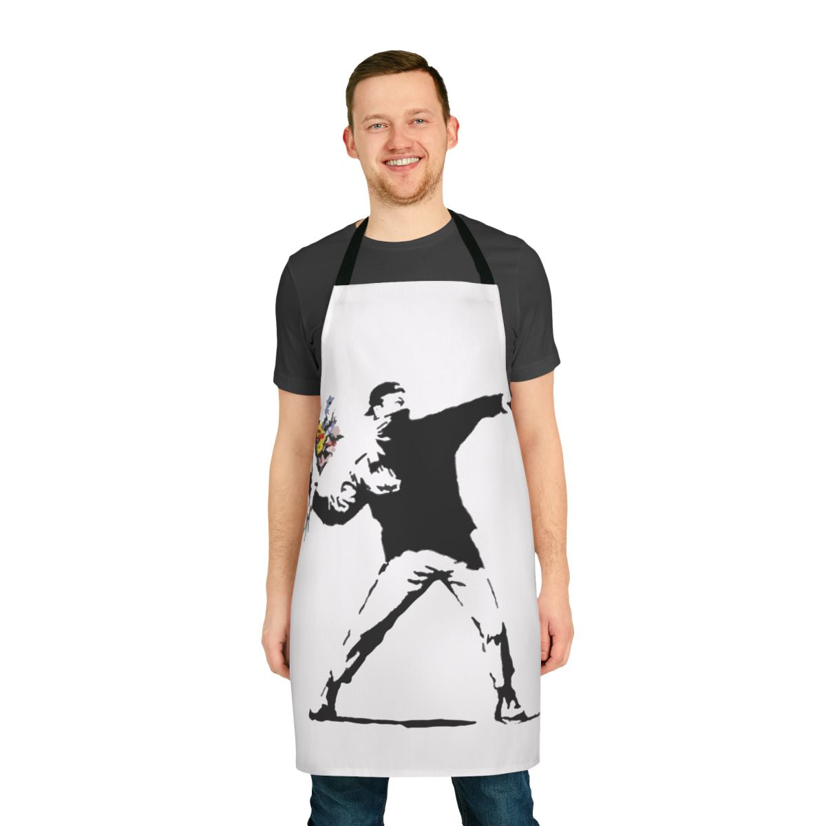 A durable cotton apron featuring a stencil design inspired by the iconic "Flower Thrower" street art by Banksy.