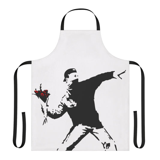 Banksy-inspired apron featuring the iconic "Flower Thrower" street art design