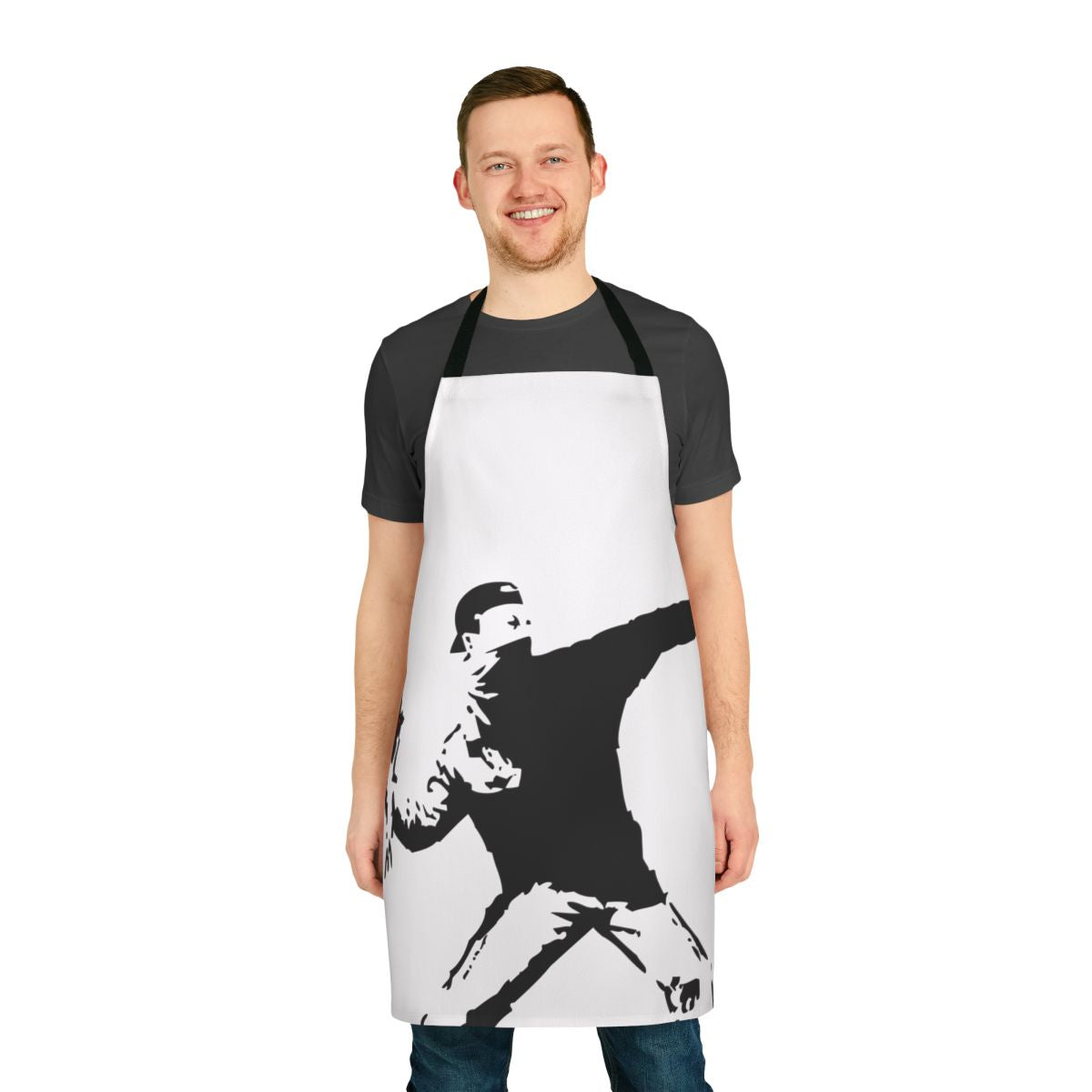 Banksy-inspired apron featuring the iconic "Flower Thrower" street art design
