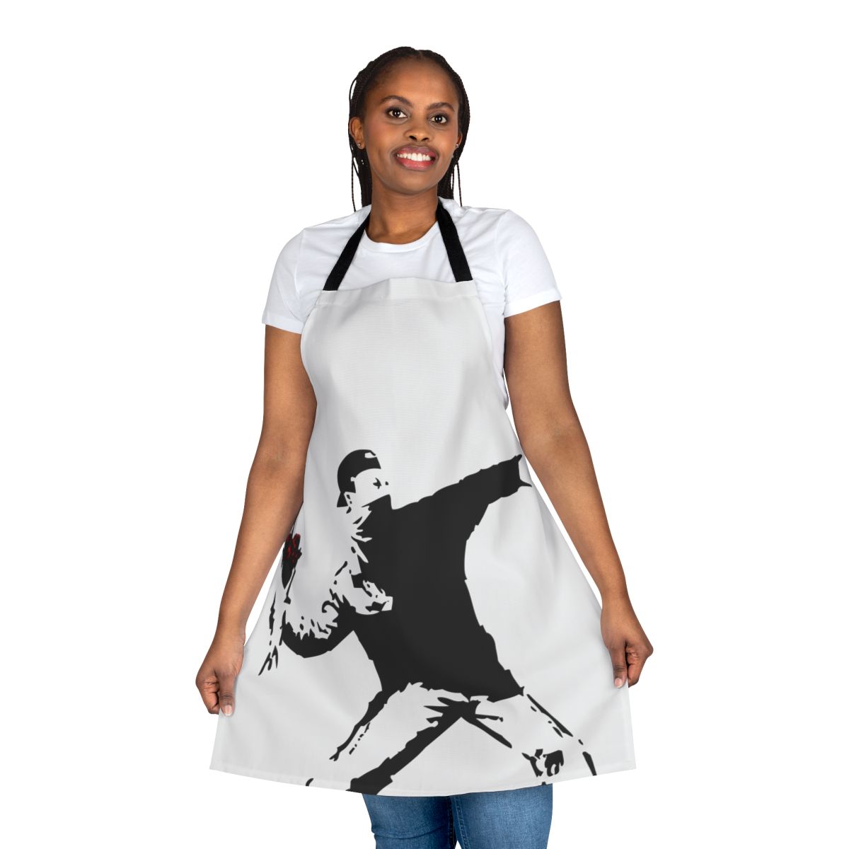 Banksy-inspired apron featuring the iconic "Flower Thrower" street art design