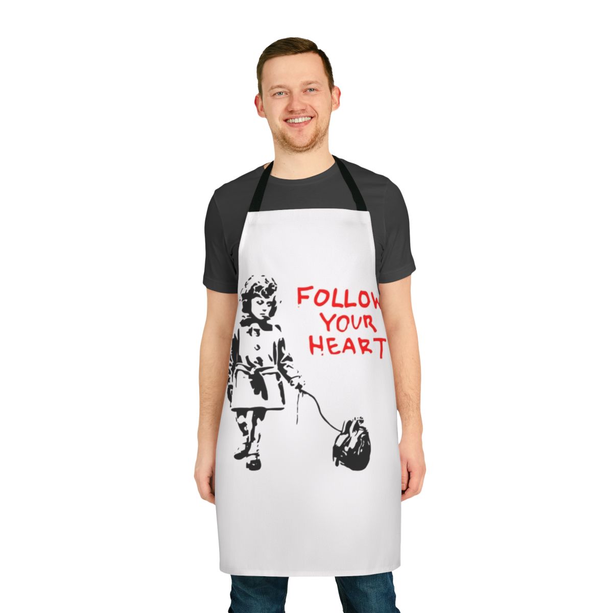 Banksy-inspired apron featuring the iconic 'Follow Your Heart' design