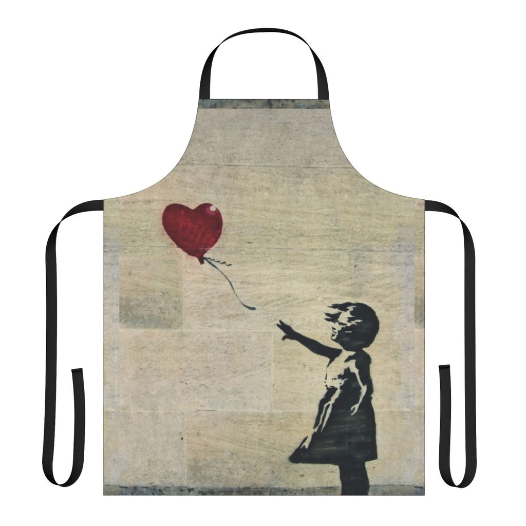 Apron featuring a stencil-style design inspired by Banksy's iconic "Girl with a Red Balloon" artwork