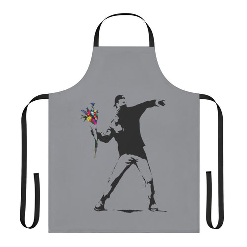 "A stylish and durable apron featuring the iconic Banksy-inspired graffiti 'Rage Flower Thrower' design"