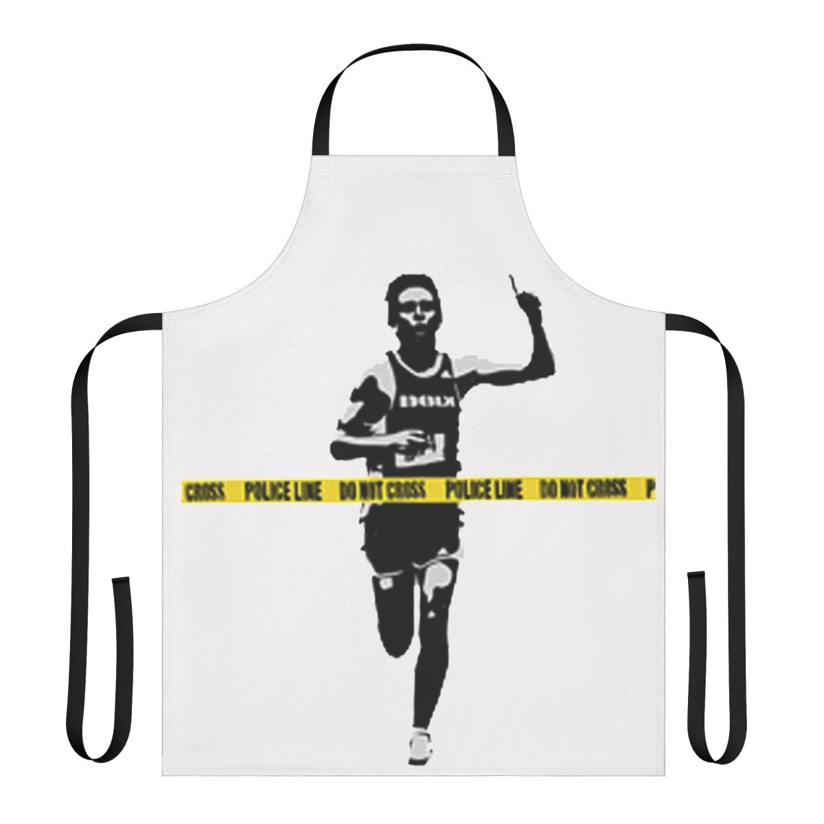 Apron featuring Banksy's iconic marathon runner and police line design