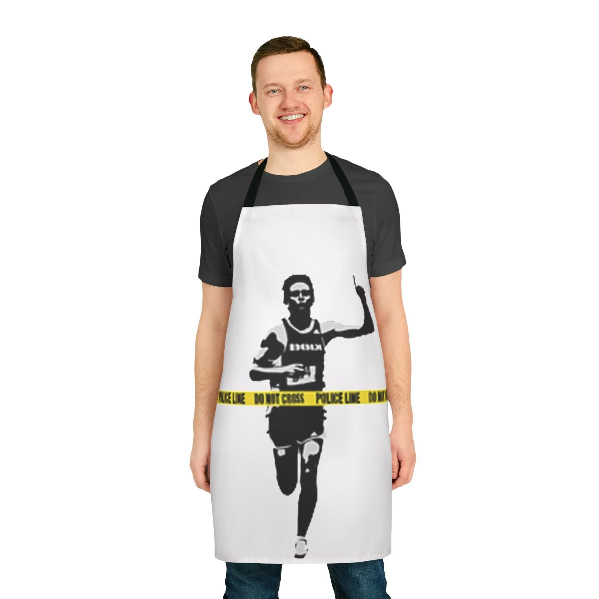 Apron featuring Banksy's iconic marathon runner and police line design