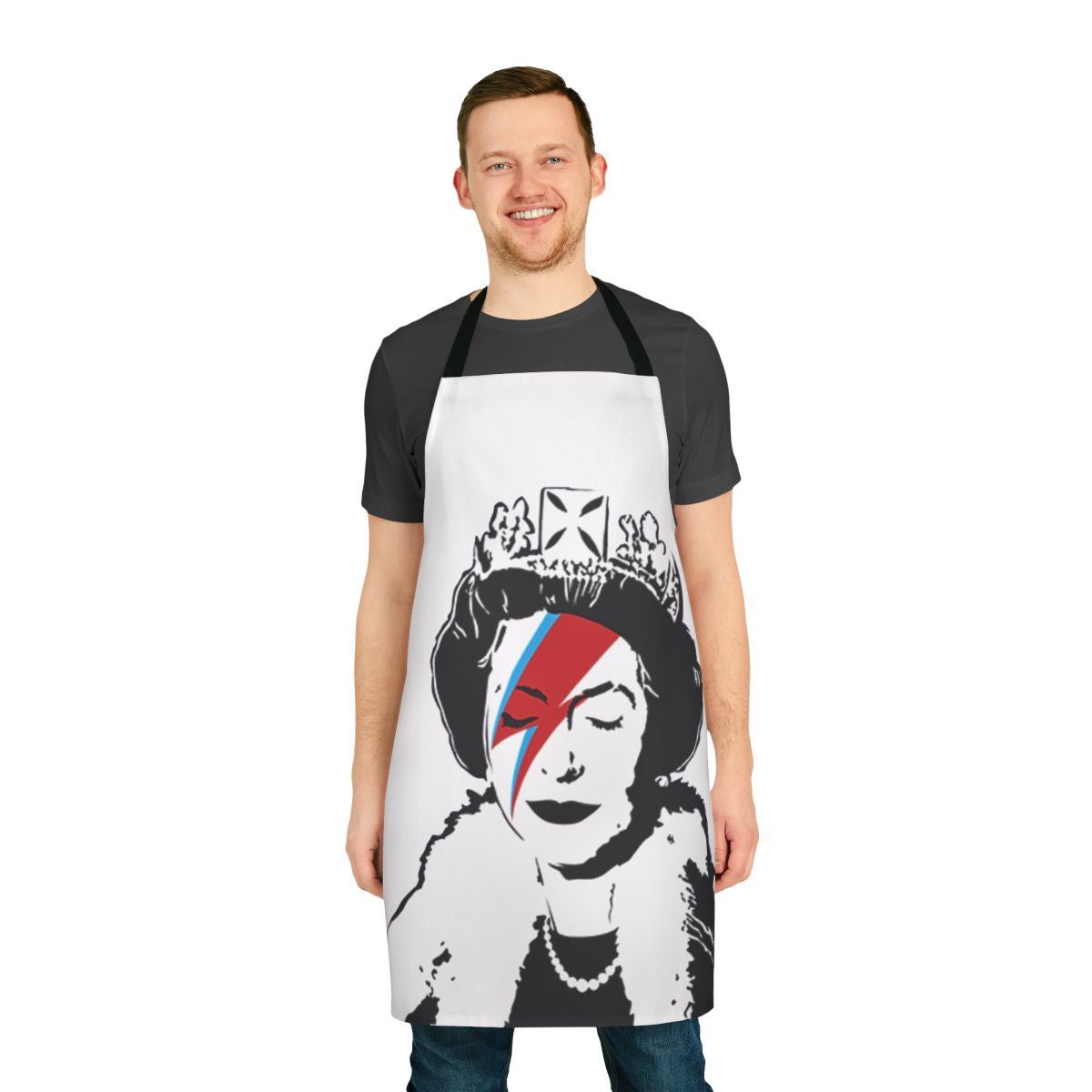 Banksy-inspired apron featuring the iconic "God Save the Queen" design
