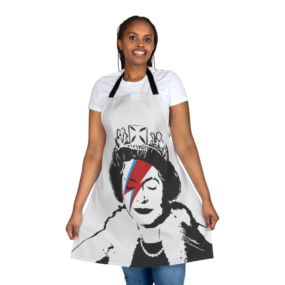 Banksy-inspired apron featuring the iconic "God Save the Queen" design