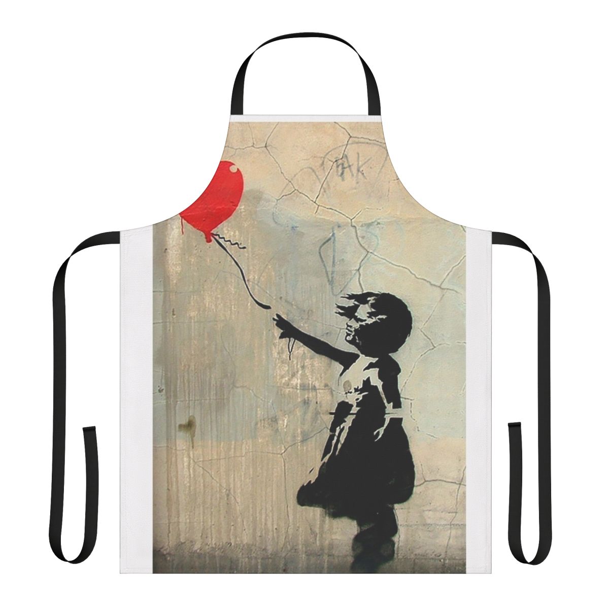Stylish red heart-shaped balloon graphic apron with a graffiti-inspired urban design