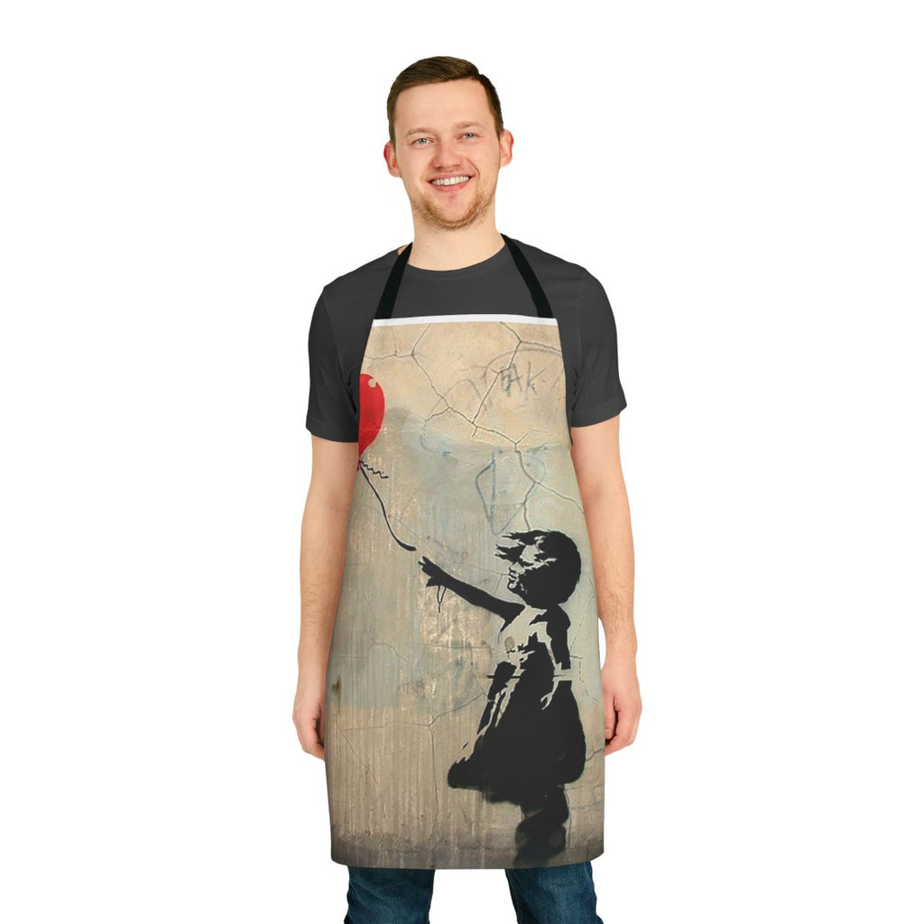 Stylish red heart-shaped balloon graphic apron with a graffiti-inspired urban design
