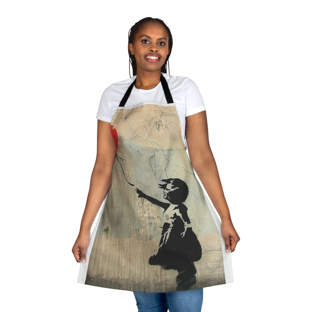 Stylish red heart-shaped balloon graphic apron with a graffiti-inspired urban design