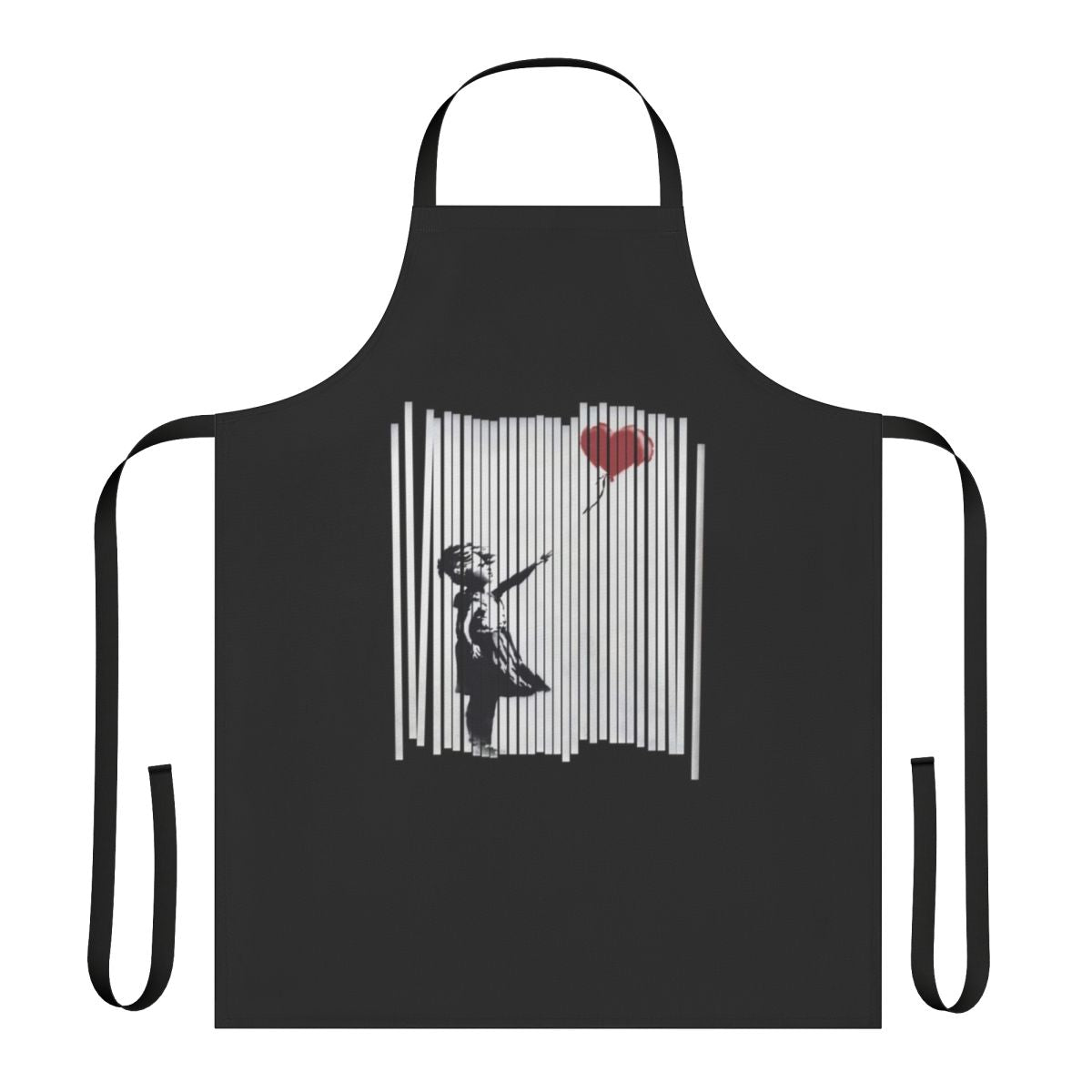 Banksy-style shredded balloon girl design printed on a high-quality kitchen apron