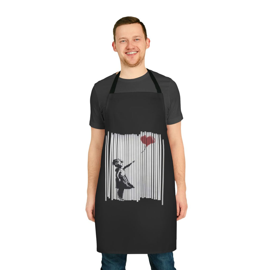 Banksy-style shredded balloon girl design printed on a high-quality kitchen apron