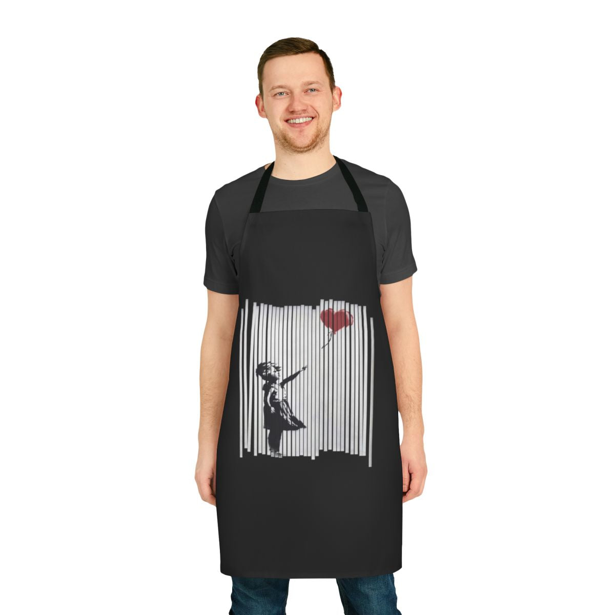 Banksy-style shredded balloon girl design printed on a high-quality kitchen apron