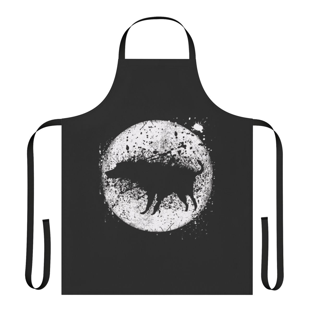 Banksy-inspired apron featuring a splash dog and moon design, a provocative and censored street art style.